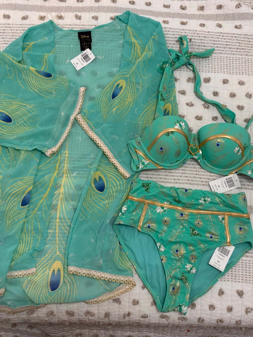 Disney Jasmine Swim Set 3-Piece Bikini + Kimono Cover Up NWT Hot Topic Peacock - Picture 7 of 14